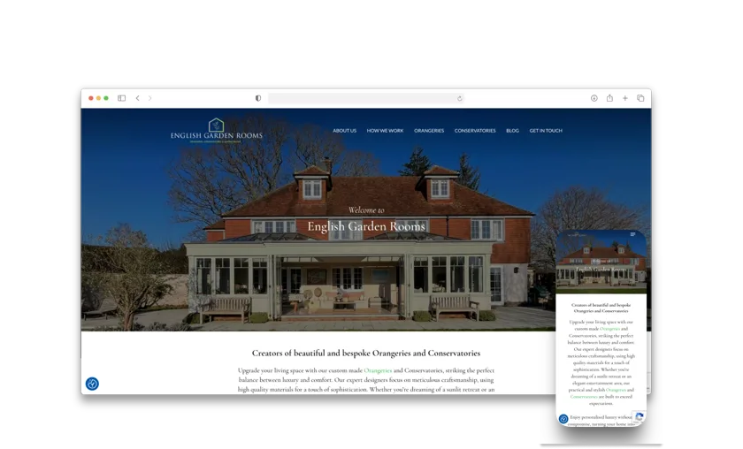 English Garden Rooms website — desktop and mobile views