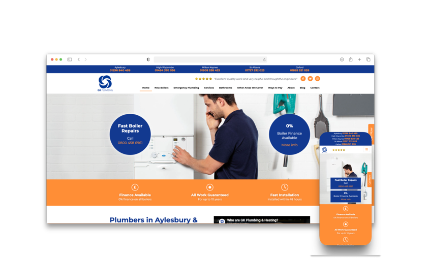 GK Plumbing website designed by Loxvik — desktop and mobile views